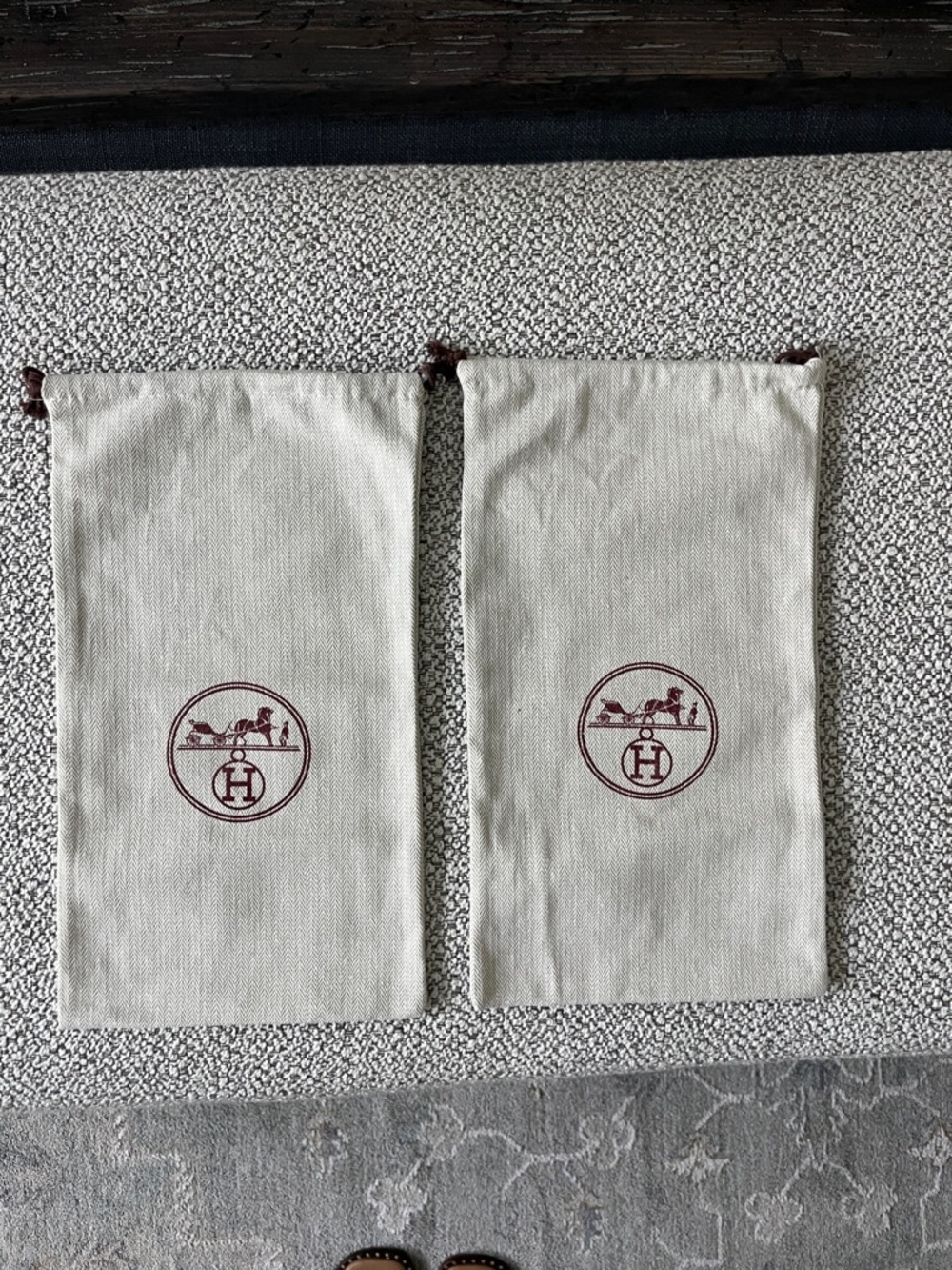Hermès Natural Canvas Drawstring Pouches with Burgundy Logo (Pair)